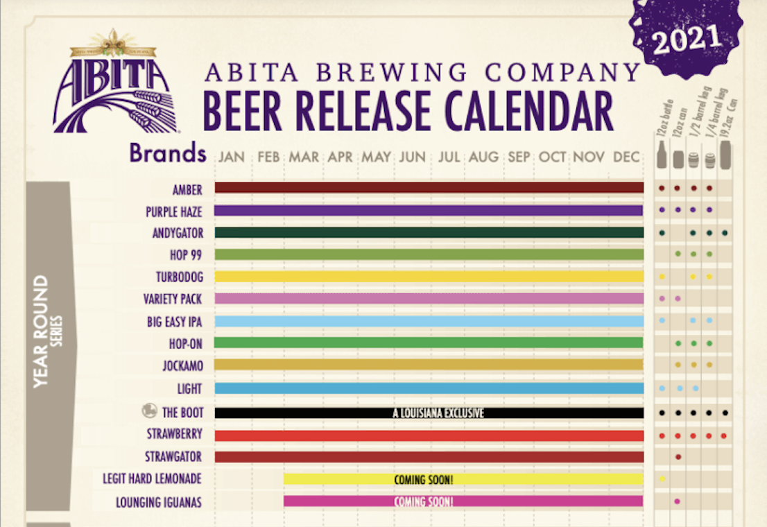 partial image of 2021 abita beer release calendar