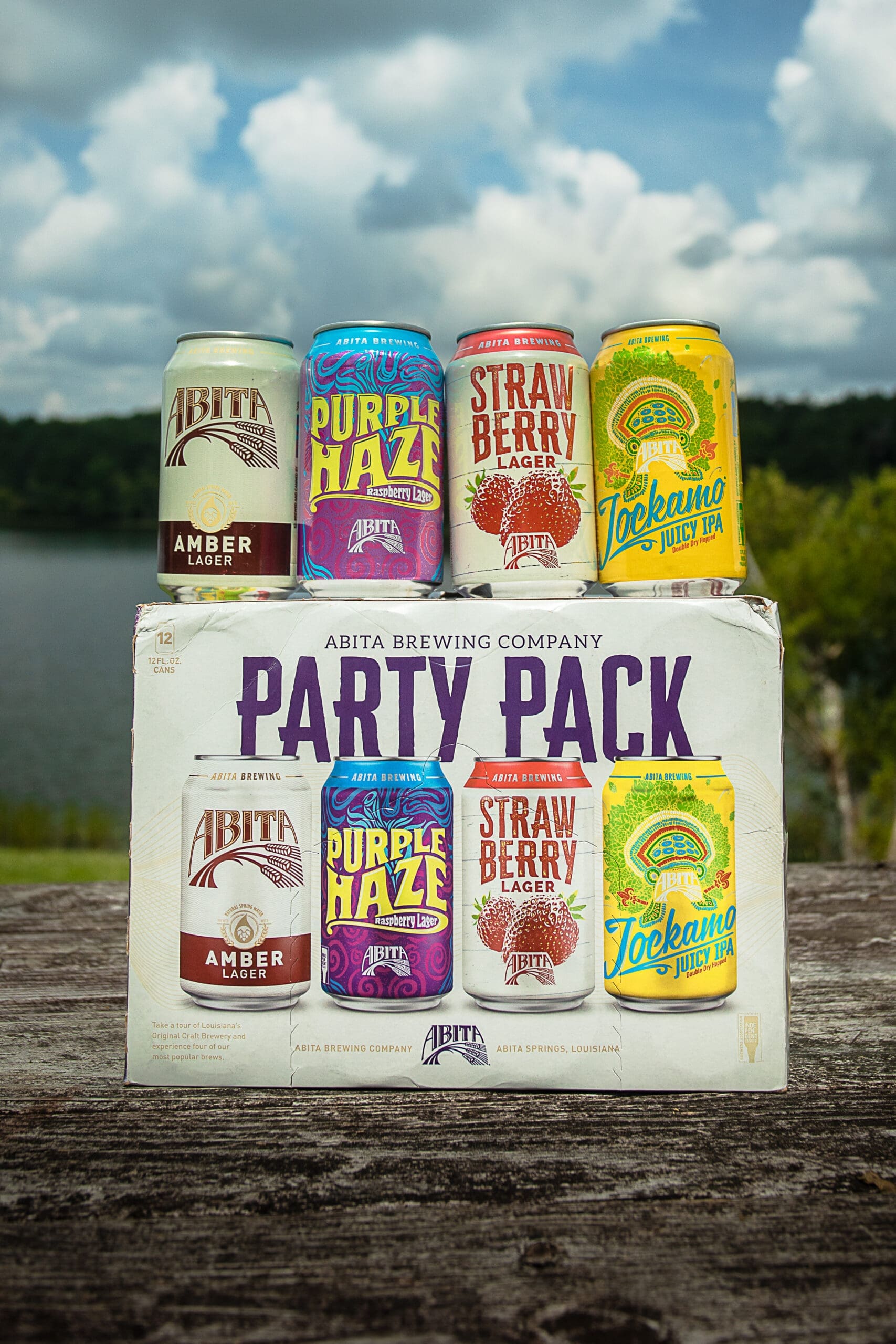 4 abita beers sitting on top of can party pack