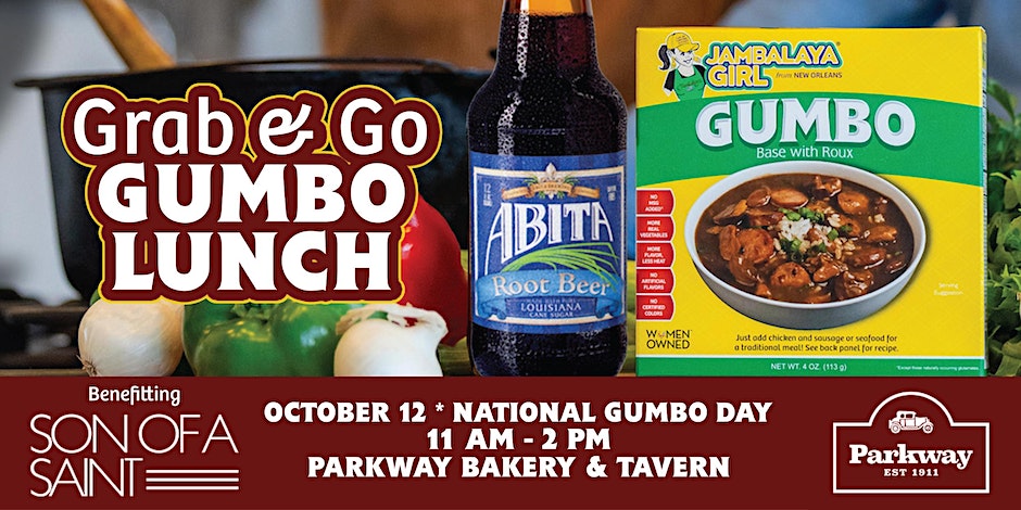 2023 national gumbo day promo graphic with abita beer and jambalaya girl