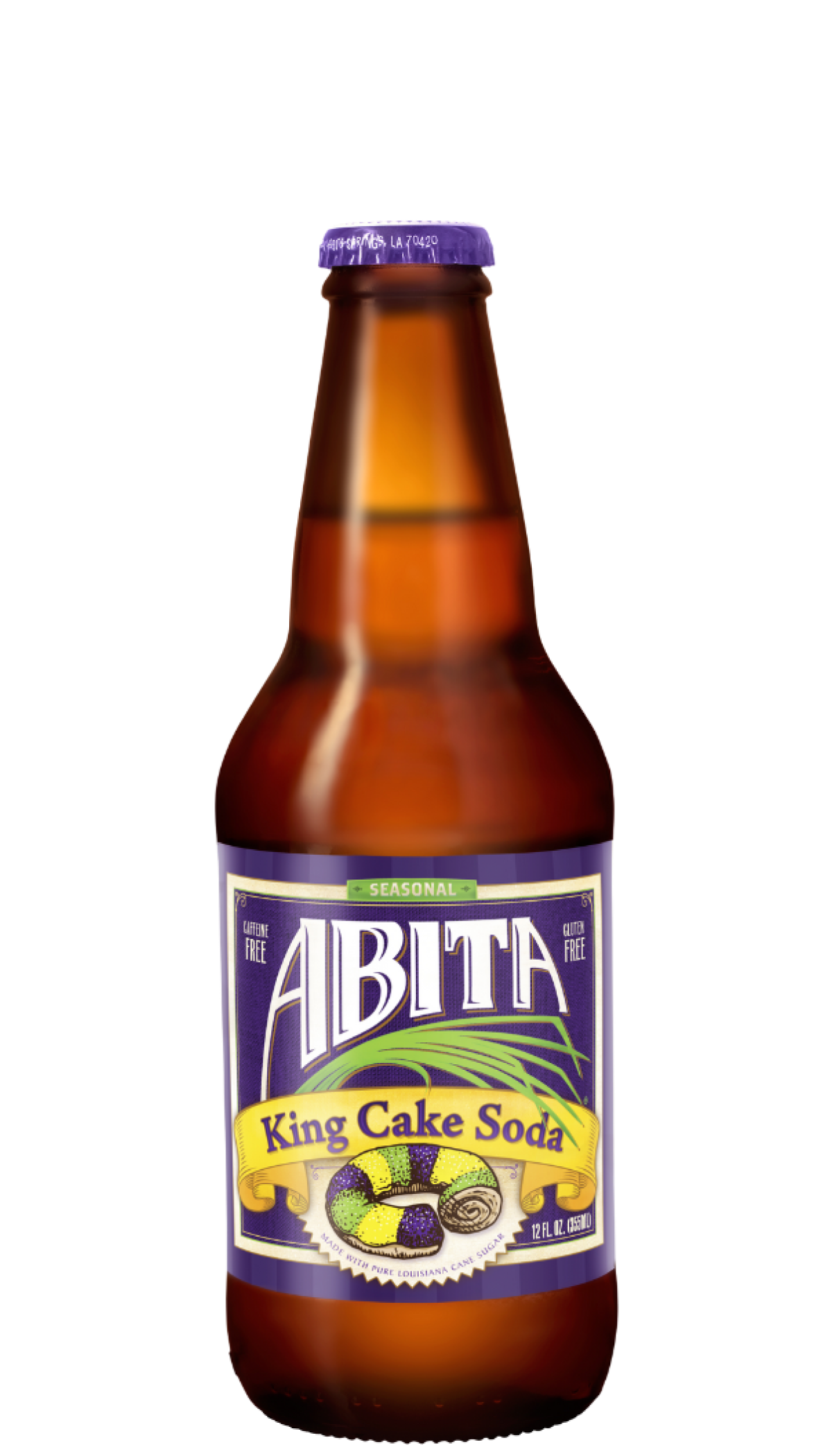 Bottle of seasonal King Cake Soda from Abita Brewing Company.